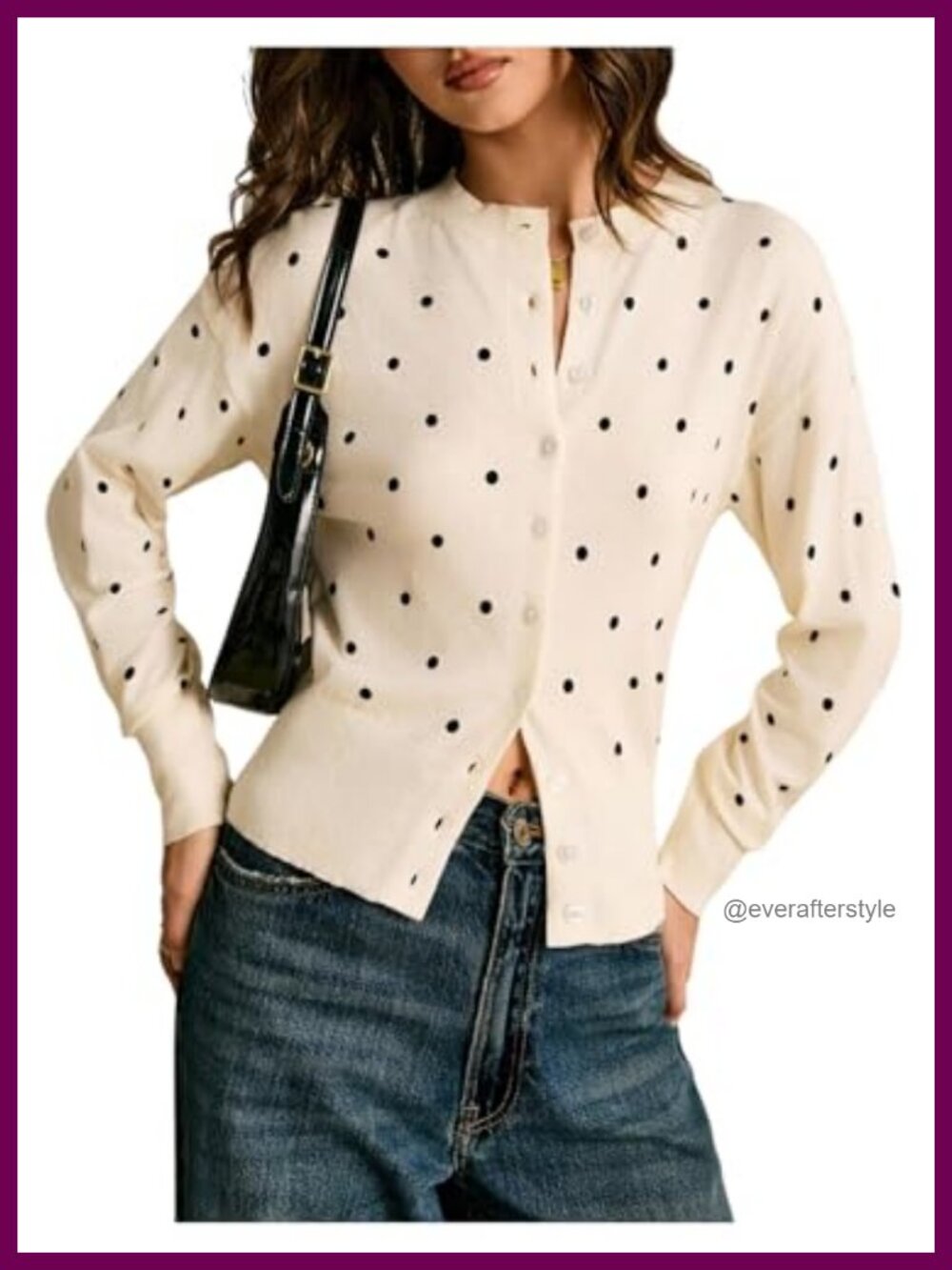 Women's Polka Dot Button Front Cardigan Knit Crew Neck Long Sleeve